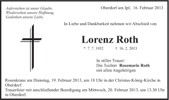 Traueranzeige von Lorenz Roth von Schwäbische Post