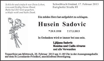 Traueranzeige von Husein Sadovic von Gmünder Tagespost