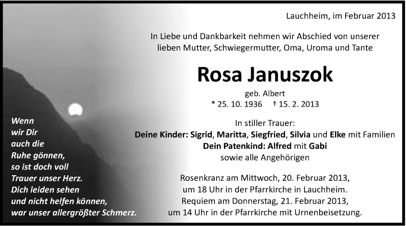  Traueranzeige für Rosa Januszok vom 19.02.2013 aus Schwäbische Post