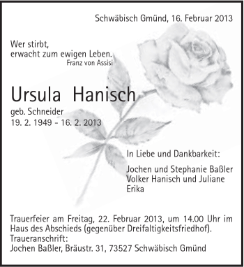 Traueranzeige von Ursula Hanisch von Gmünder Tagespost