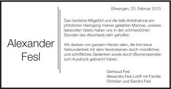 Traueranzeige von Alexander Fesl von Schwäbische Post