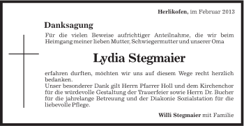 Traueranzeige von Lydia Stegmaier von Gmünder Tagespost