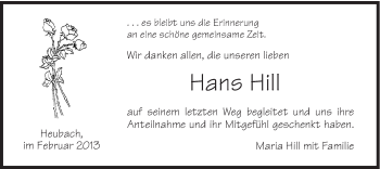 Traueranzeige von Hans Hill von Gmünder Tagespost