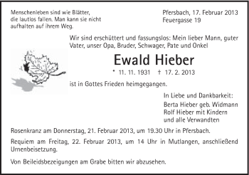 Traueranzeige von Ewald Hieber von Gmünder Tagespost