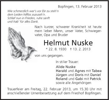 Traueranzeige von Helmut Nuske von Schwäbische Post