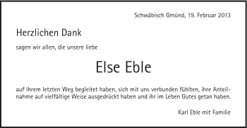 Traueranzeige von Else Eble von Gmünder Tagespost
