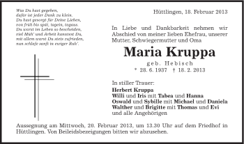 Traueranzeige von Ursuala Kruppa von Schwäbische Post