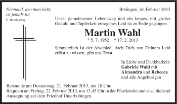 Traueranzeige von Martin Wahl von Gmünder Tagespost