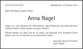 Traueranzeige von Anna Nagel von Gmünder Tagespost