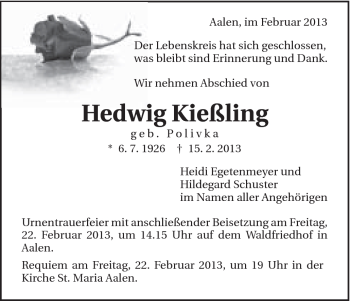 Traueranzeige von Hedwig Kießling von Schwäbische Post