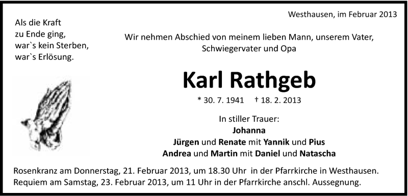  Traueranzeige für Karl Rathgeb vom 20.02.2013 aus Schwäbische Post