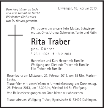 Traueranzeige von Rita Traber von Schwäbische Post