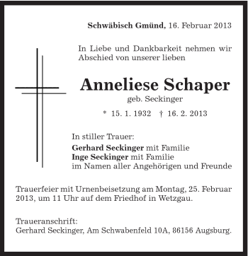 Traueranzeige von Anneliese Schaper von Gmünder Tagespost