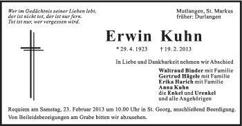 Traueranzeige von Erwin Kuhn von Gmünder Tagespost