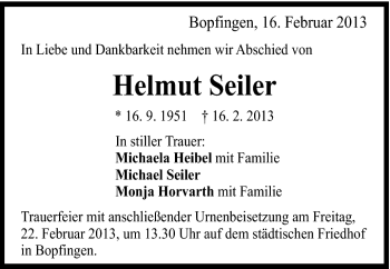 Traueranzeige von Helmut Seiler von Schwäbische Post
