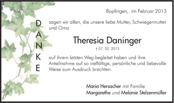 Traueranzeige von Theresia Daninger von Schwäbische Post
