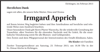 Traueranzeige von Irmgard Apprich von Schwäbische Post
