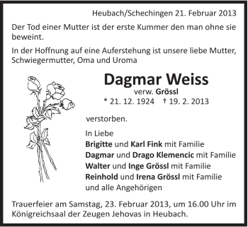 Traueranzeige von Dagmar Weiss von Schwäbische Post