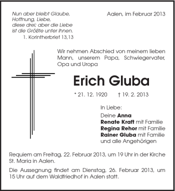 Traueranzeige von Erich Gluba von Schwäbische Post