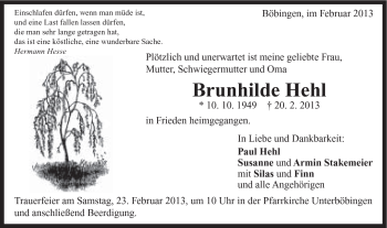 Traueranzeige von Brunhilde Hehl von Gmünder Tagespost