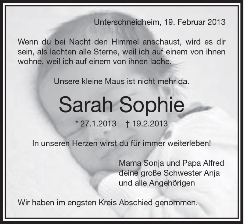  Traueranzeige für Sarah Sophie . vom 25.02.2013 aus Schwäbische Post