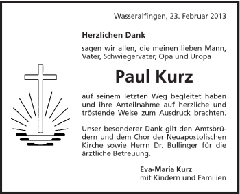 Traueranzeige von Paul Kurz von Schwäbische Post