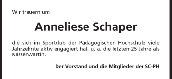 Traueranzeige von Anneliese Schaper von Gmünder Tagespost