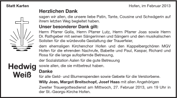 Traueranzeige von Hedwig Weiß von Schwäbische Post