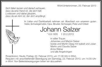 Traueranzeige von Johann Salzer von Schwäbische Post