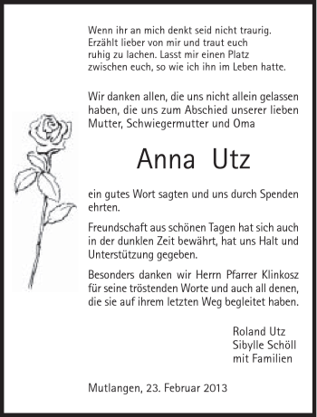 Traueranzeige von Anna Utz von Gmünder Tagespost