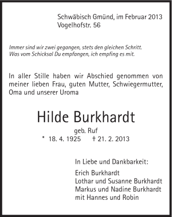Traueranzeige von Hilde Burkhardt von Gmünder Tagespost