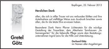 Traueranzeige von Gretel Götz von Schwäbische Post