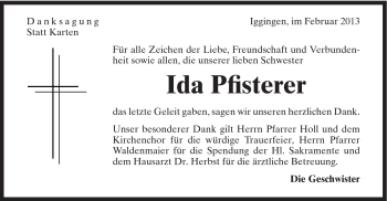Traueranzeige von Ida Pfisterer von Gmünder Tagespost