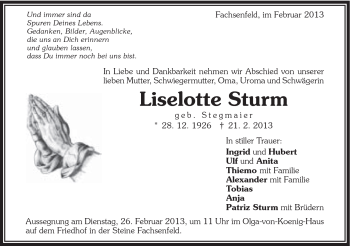 Traueranzeige von Liselotte Sturm von Schwäbische Post