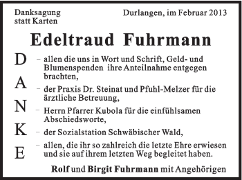 Traueranzeige von Edeltraud Fuhrmann von Gmünder Tagespost