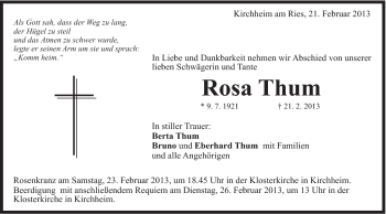 Traueranzeige von Rosa Thum von Schwäbische Post