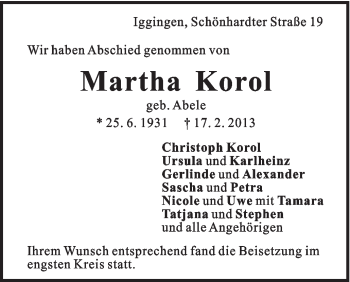 Traueranzeige von Martha Korol von Gmünder Tagespost
