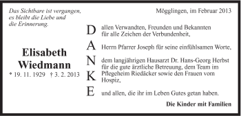 Traueranzeige von Elisabeth Wiedmann von Gmünder Tagespost