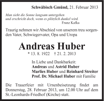 Traueranzeige von Andreas Huber von Gmünder Tagespost
