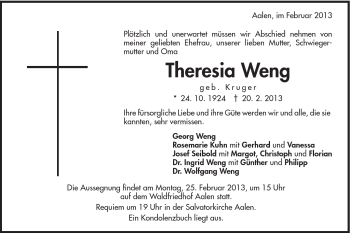 Traueranzeige von Theresia Weng von Schwäbische Post