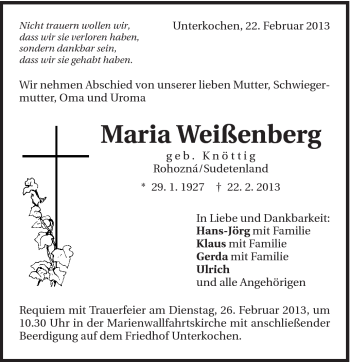 Traueranzeige von Maria Weißenberg von Schwäbische Post