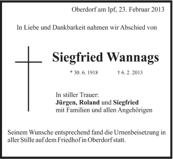 Traueranzeige von Siegfried Wannags von Schwäbische Post