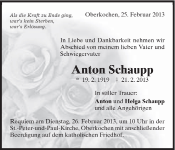 Traueranzeige von Anton Schaupp von Schwäbische Post
