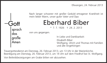 Traueranzeige von Eberhard Biber von Schwäbische Post