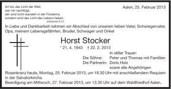 Traueranzeige von Horst Stocker von Schwäbische Post