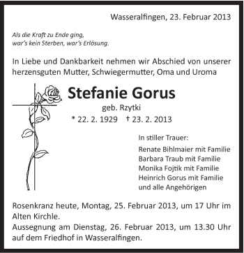 Traueranzeige von Stefanie Gorus von Schwäbische Post
