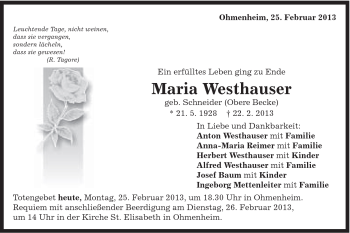 Traueranzeige von Maria Westhauser von Schwäbische Post