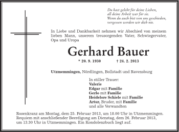 Traueranzeige von Gerhard Bauer von Schwäbische Post
