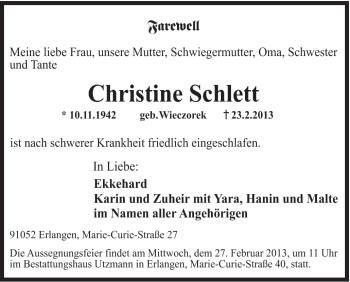 Traueranzeige von Christine Schlett von Schwäbische Post