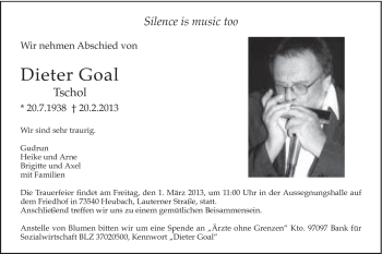 Traueranzeige von Dieter Goal von Gmünder Tagespost